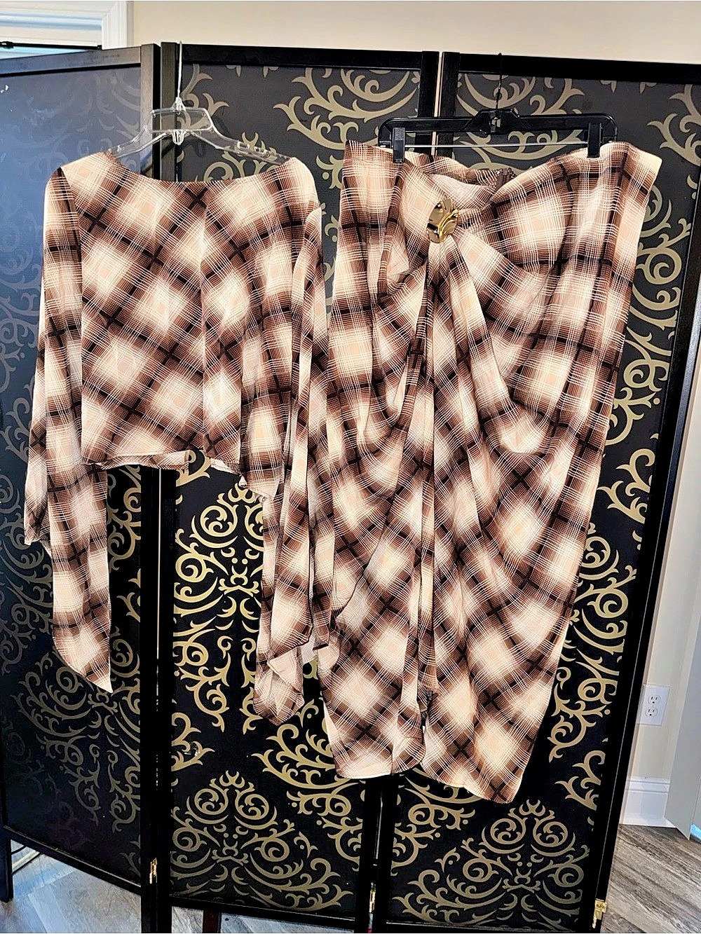Fashion Nova Raylene Plaid Maxi Skirt Set Plaid Maxi Skirt Set in Brown & Pink